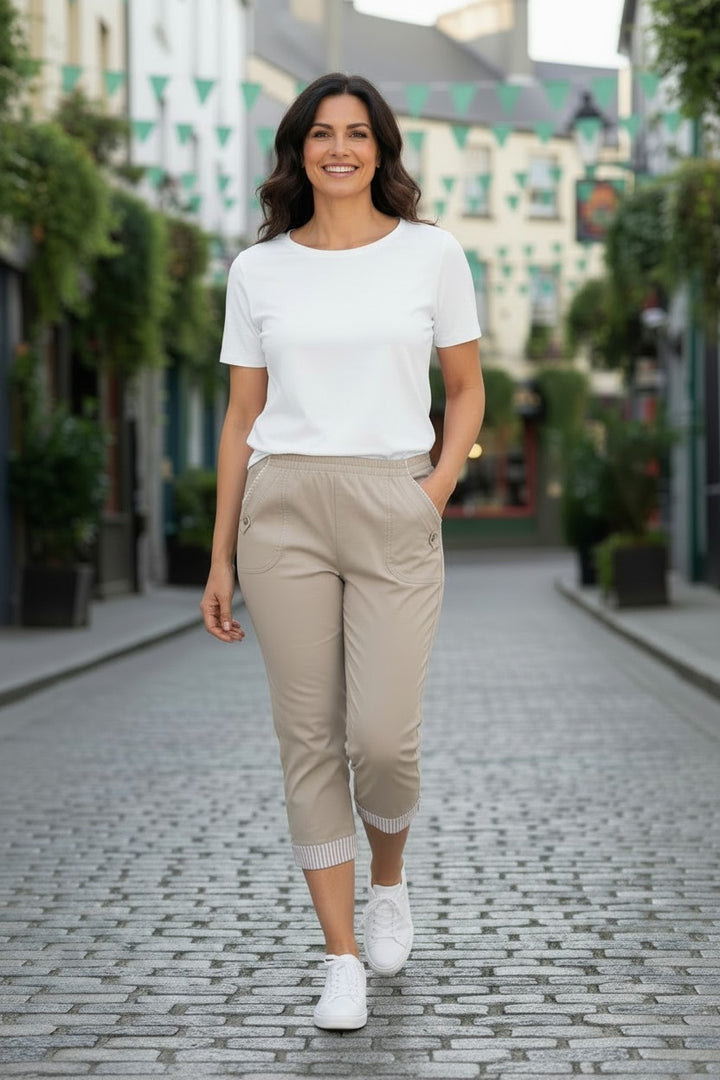 Beige Stripe Cuff Capri
