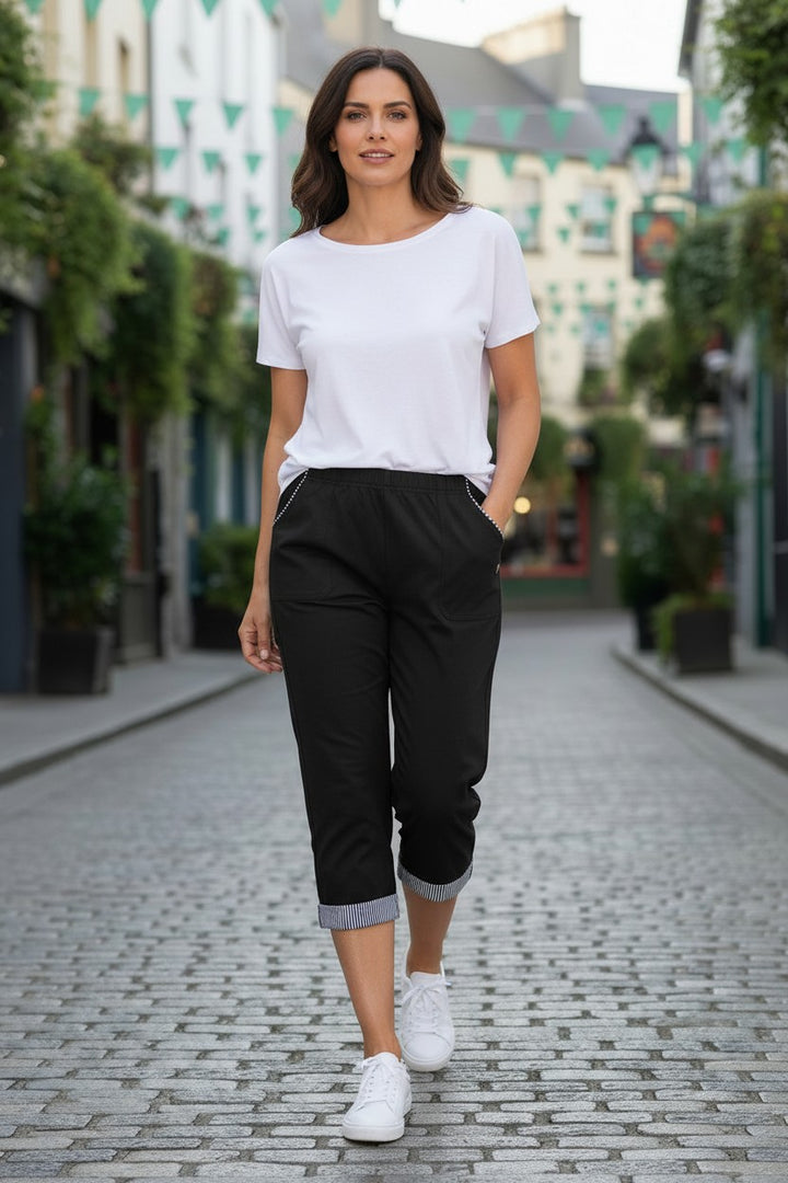 Black Stripe Cuff Capri
